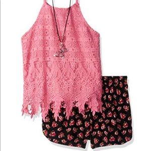 Beautees 2 pc Solid Lace Tank with Print Short